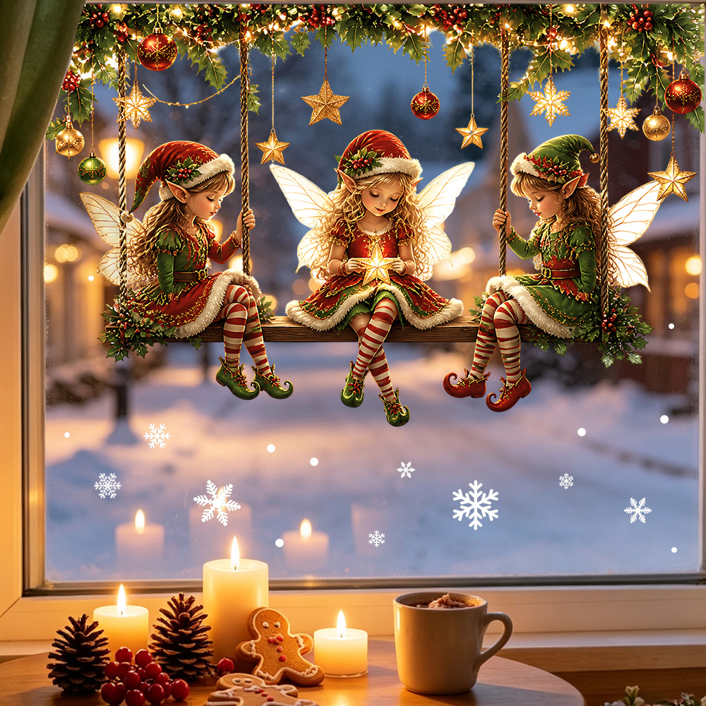 TEMU Décalcomanie de fenêtre fée de Noël, lot de 2 pièces, , 1 autocollant sur verre d'un fée d'hiver magique et se balançant sur une balançoire -