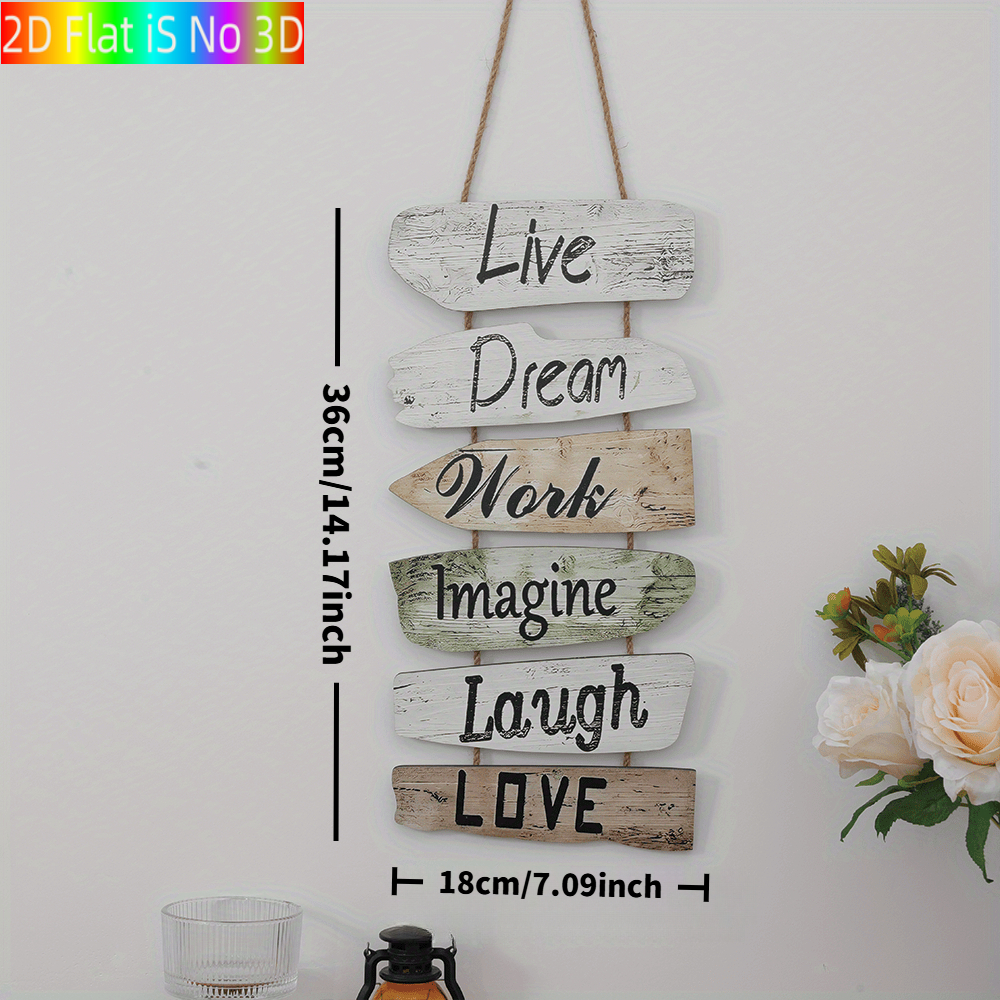 TEMU 2d Flat - 2d Plane 6pcs Rustic Wooden Inspirational Wall Decor - "life, Dream, Work, , Laugh, Love" Phrases - Decor With Jute Rope, Ideal Gift