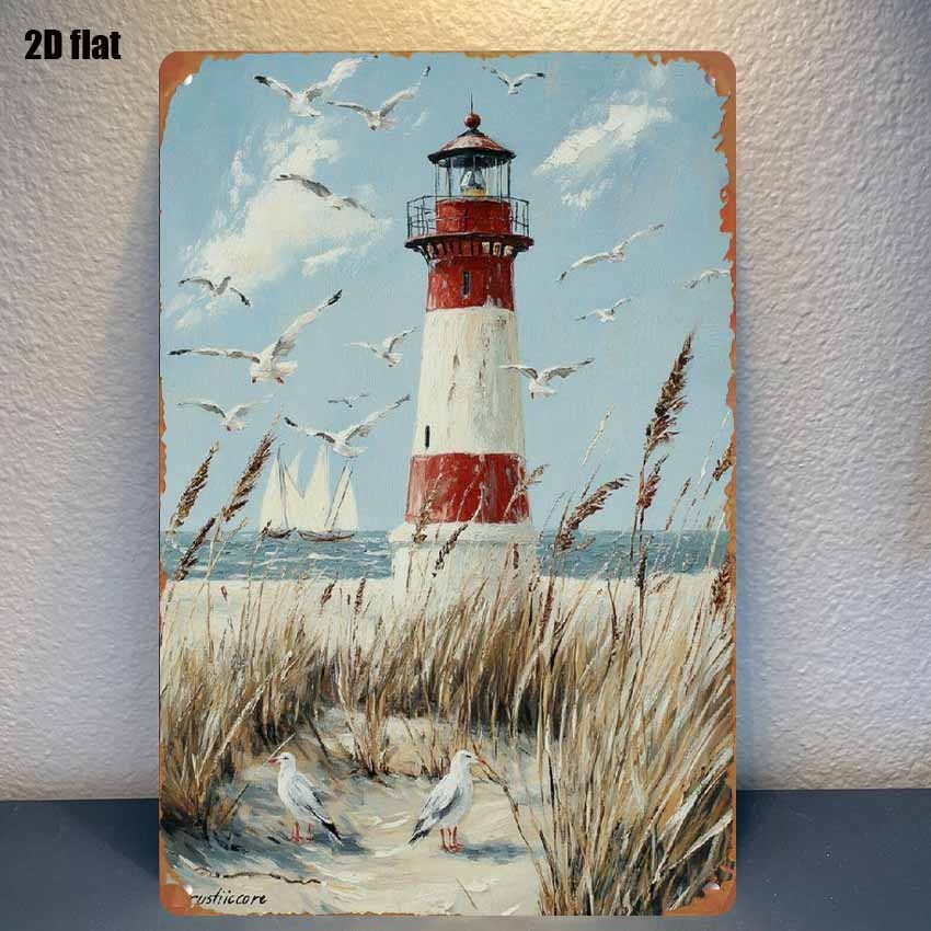 TEMU 1pc 1pcs Nautical Lighthouse & Seagull Metal Wall - Maritime Lighthouse With Chart Decoration, Iron Wall-mounted /outdoor Decor Suitable For