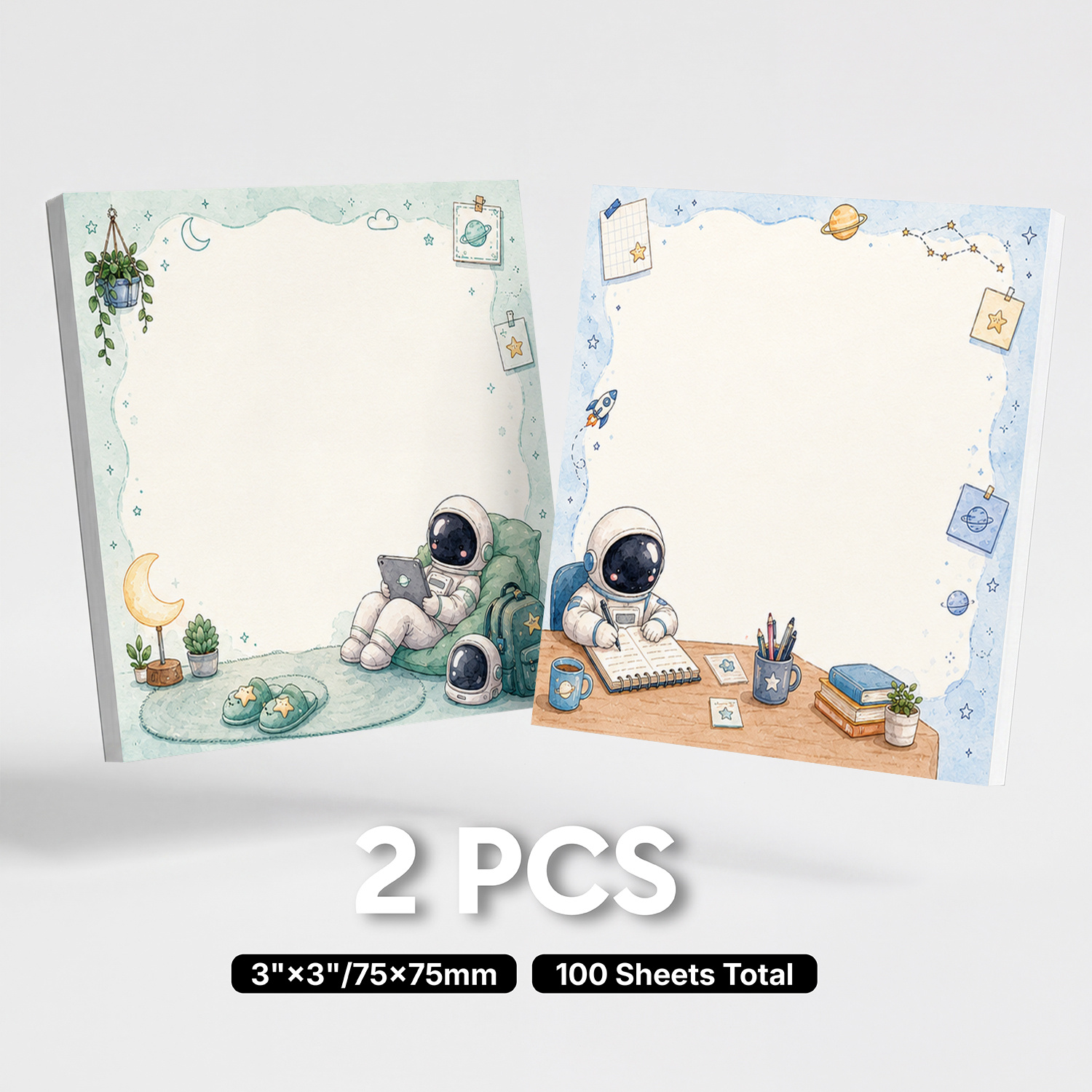 TEMU 2pcs Astronaut Sticky Notes Set, Space Planet Moon Self-adhesive Memo Pads, 100 Sheets Total, Cute Study Desk Notepads, Removable Adhesive Notes
