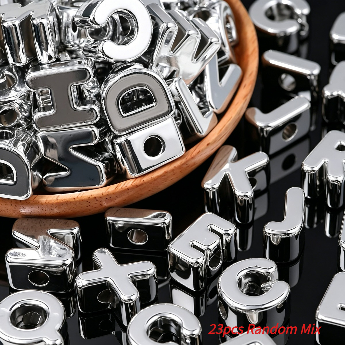 TEMU 23pcs Silvery Smooth Random A-z Letter Beads, Acrylic With Horizontal Holes, Loose Beads For Clothing Decorations. Suitable For Holiday Party