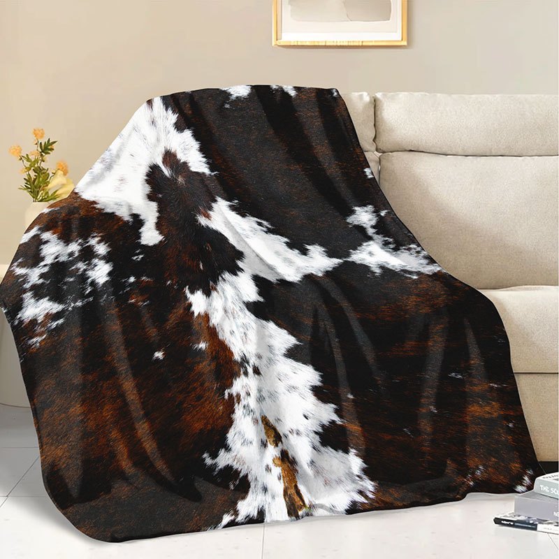TEMU 1pc Fluffy Blanket Cowhide Texture Print White Throw Blanket White Blanket Barefoot Blanket Throw Blanket For Sofa Winter Warm Blanket Living