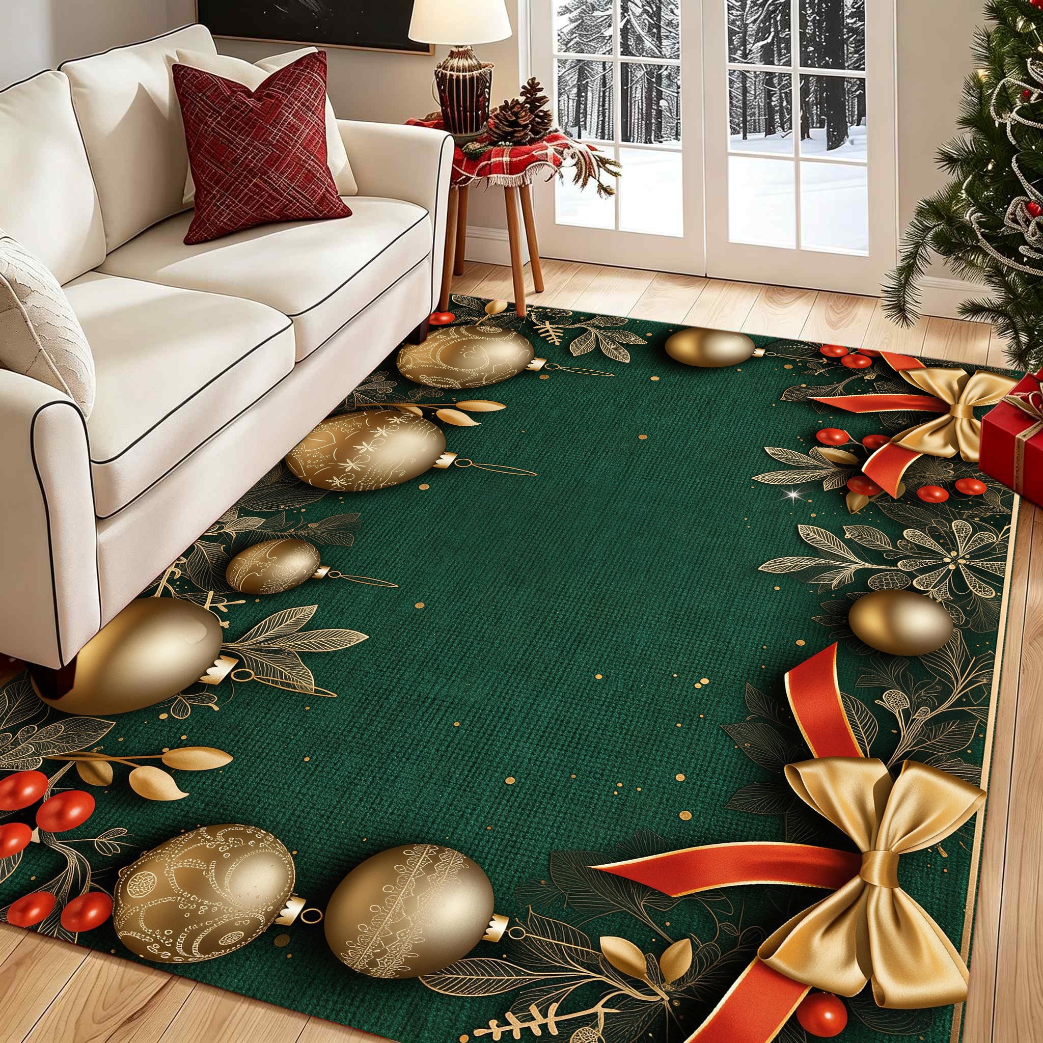 850G Velvet Non-Slip Backing Washable Rug 1  Base Golden Christmas Balls Bow Pattern Festive   Area Mat Suitable for Large Living Room Bedroom Dining Room Kitchen Study Gaming Room Carpet Home Decor Indoor Rug Store Commercial Mat