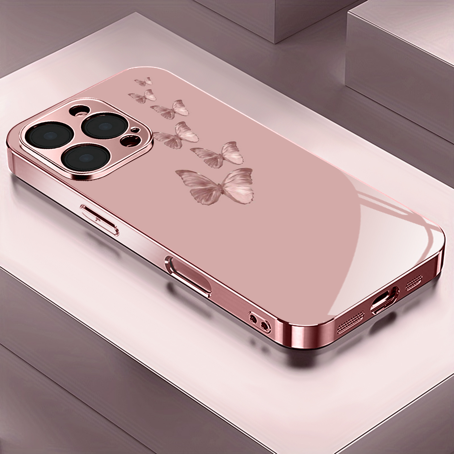 Image of Phone Case: Phone Case - Pattern Rose Golden/electroplated Pink Phone Case Cover, , Compatible With Iphone 17/17 Air/17 Pro/17 Pro Max/16/15/14/13/12 Pro Max/plus