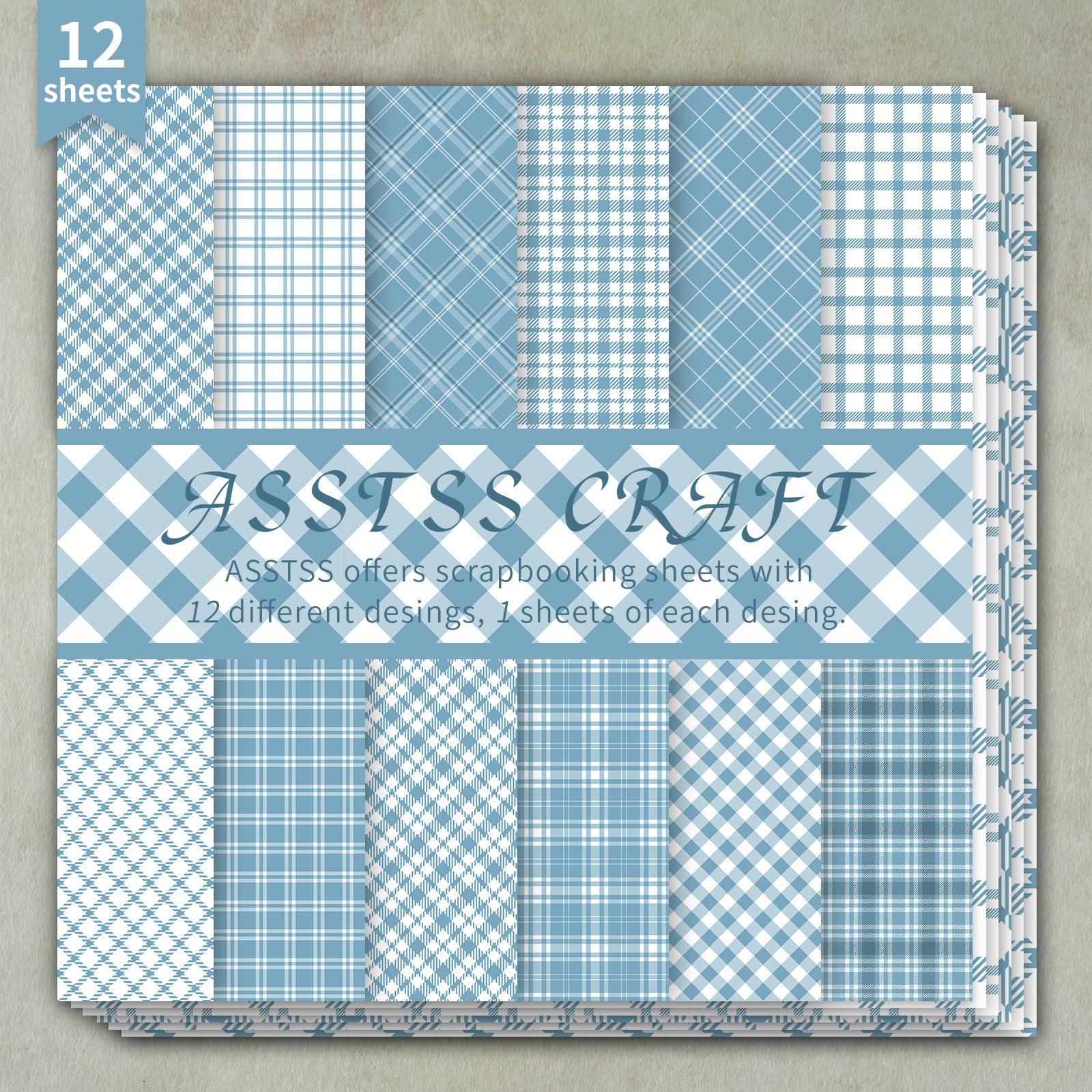 TEMU 12-sheet Asstss Heavyweight Scrapbooking Paper Pad - Vintage Blue Plaid Retro Suitable For Journaling, Collage Art, Greeting Cards, Floral
