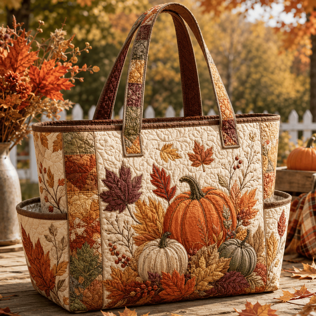 TEMU Women's Large Retro Quilted Tote Bag Suitable For Thanksgiving, Fall & Markets - Pumpkin Maple Leaf Autumn Floral Print Handbag With 2 Side