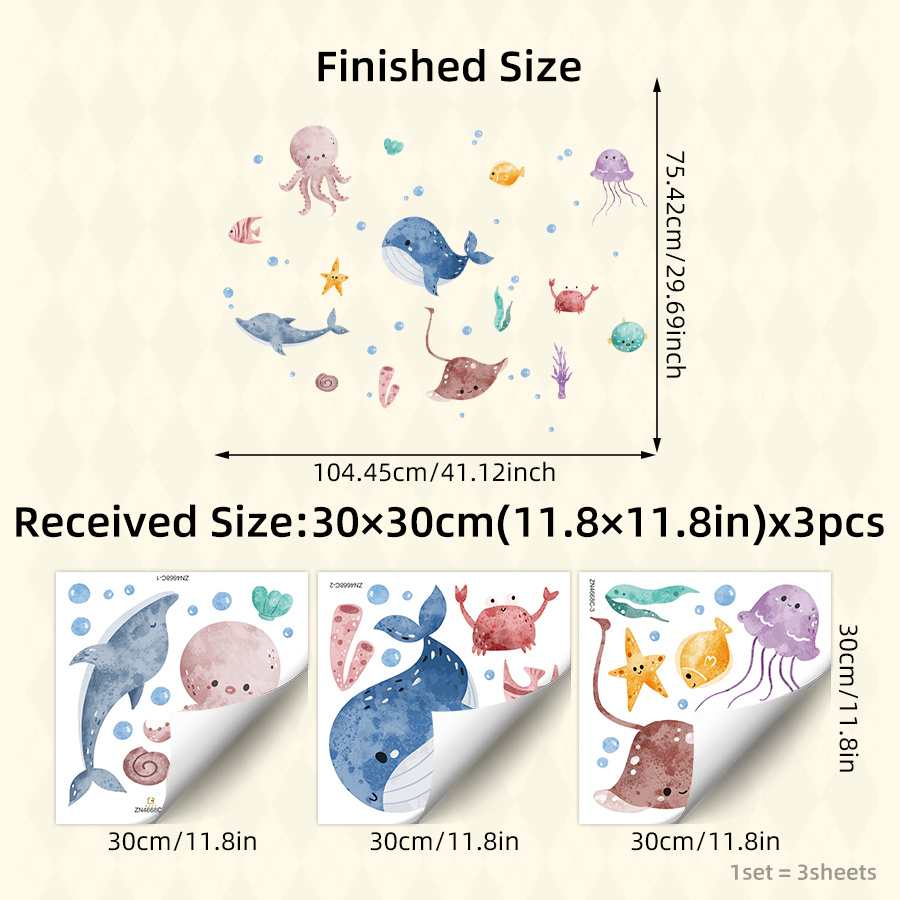 3 Sheets Cute Ocean Theme Wall Stickers With Octopus Dolphin Whale Crab And Fish Designs, Removable Peel And Stick Animal Decals For Bathroom Bedroom Living Room Decor, Under The Sea Theme Art