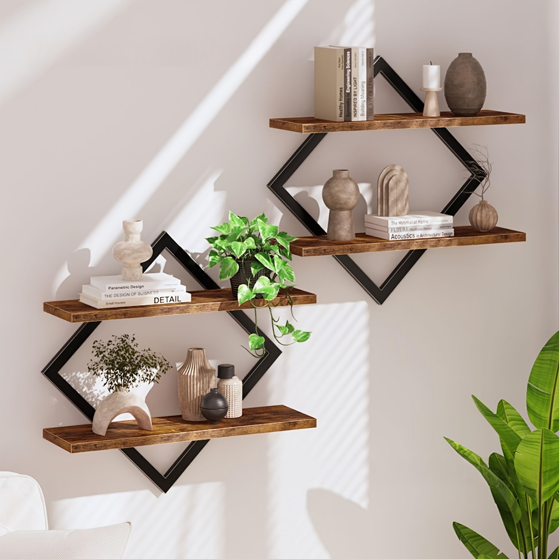 set of 2 wall mounted wooden shelves two tier hanging shelves retro country style double layer wall storage rack suitable for   room types