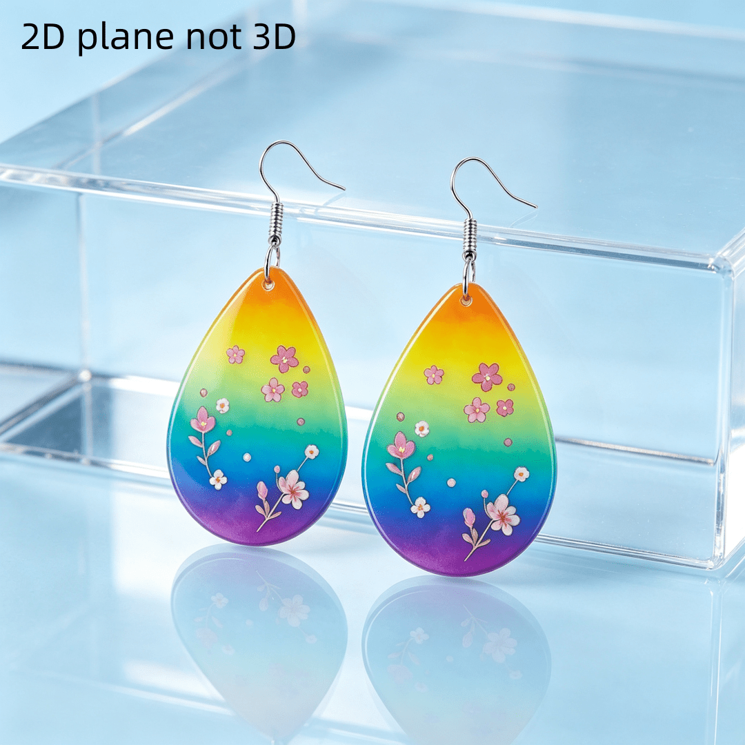 Rainbow Gradient Cherry Blossom Teardrop Dangle Earrings, Gift