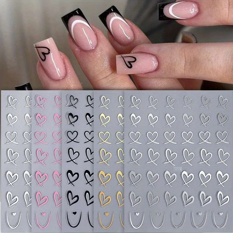 Image of Set Of 5pcs Of 3d Heart-shaped Nail Stickers Featuring Sweet Heart Designs And French Stripe Patterns, Perfect For Valentine's Day. Ideal For Gel Polish Decoration