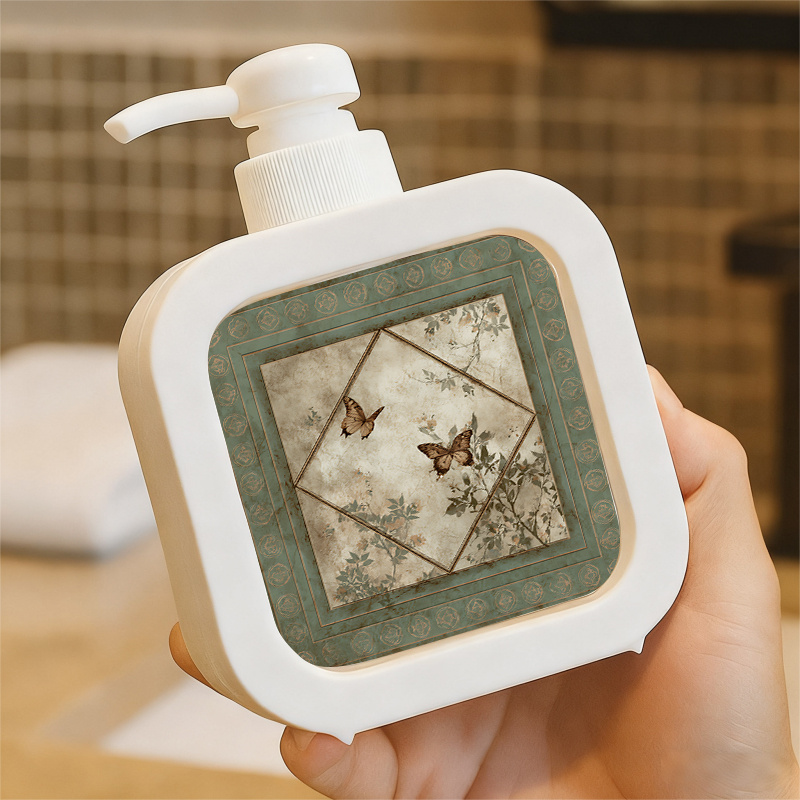 TEMU 1pc Vintage Sage Green Botanical Pump Dispenser Bottle - Refillable Soap/lotion Container With Durable Plastic Suitable For Bathroom, Kitchen,