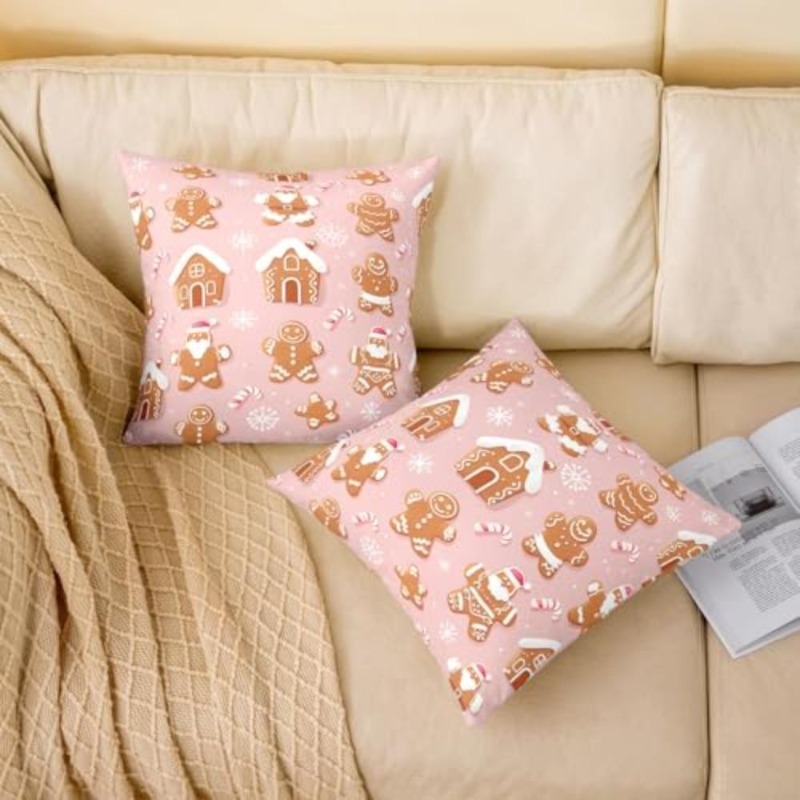TEMU 2d 2pcs Christmas Gingerbread Man And Cottage Pattern Pillowcases, Pink Background With White Snowflake Design, Polyester Material, Available,