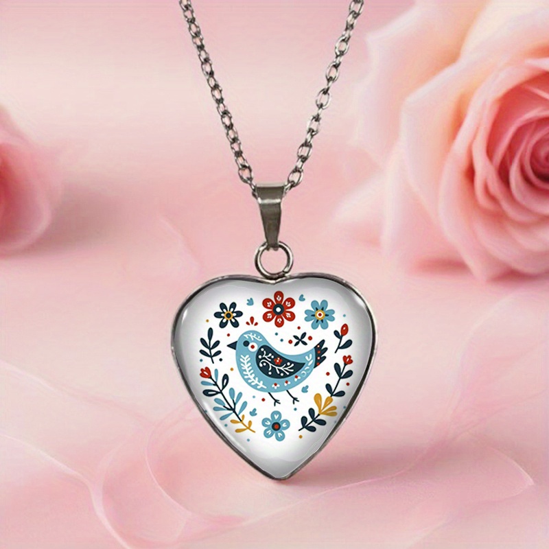 TEMU Collana da a forma di cuore con motivo a uccellino cartone animato blu, accessorio in vetro