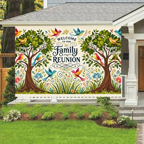 1pc welcome to reunion banner vibrant floral polyester backdrop for birthdays anniversaries graduations indoor outdoor party decor background cloth only family reunion decorations celebration accessory indoor outdoor use whimsical design celebratory atmosphere versatile decoration washable fabric