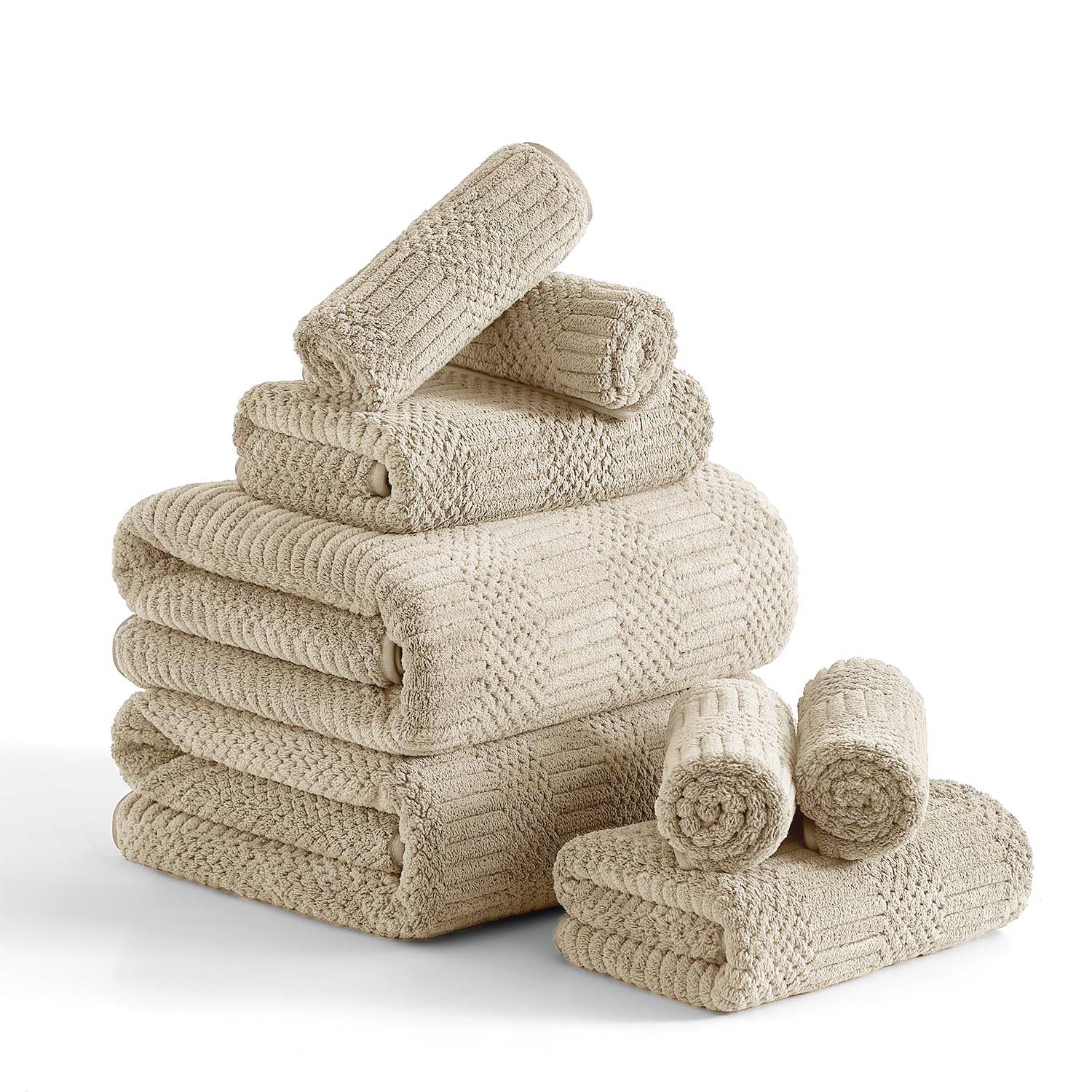 TEMU Parure de serviettes 8 pièces pour salle de bain - 2 serviettes de bain + 2 essuie-mains + 4 gants de toilette, ensembles de serviettes ultra