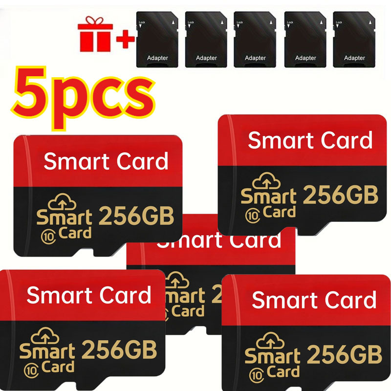 TEMU 5 Packs Of 256gb Tf Memory Cards, Including 5 Adapters, Class 10 U3 Green Cards, , Compatible With Smartphones, Tablets, Cameras, Security