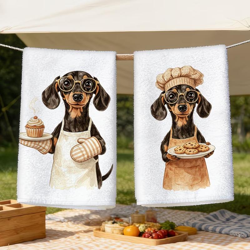 TEMU 2pcs Set Of Glasses Sausage Dog Baking-themed Dish Towels, Suitable As A Best Friend Gift, Reusable Absorbent Cleaning Cloth, Soft Dish Towel