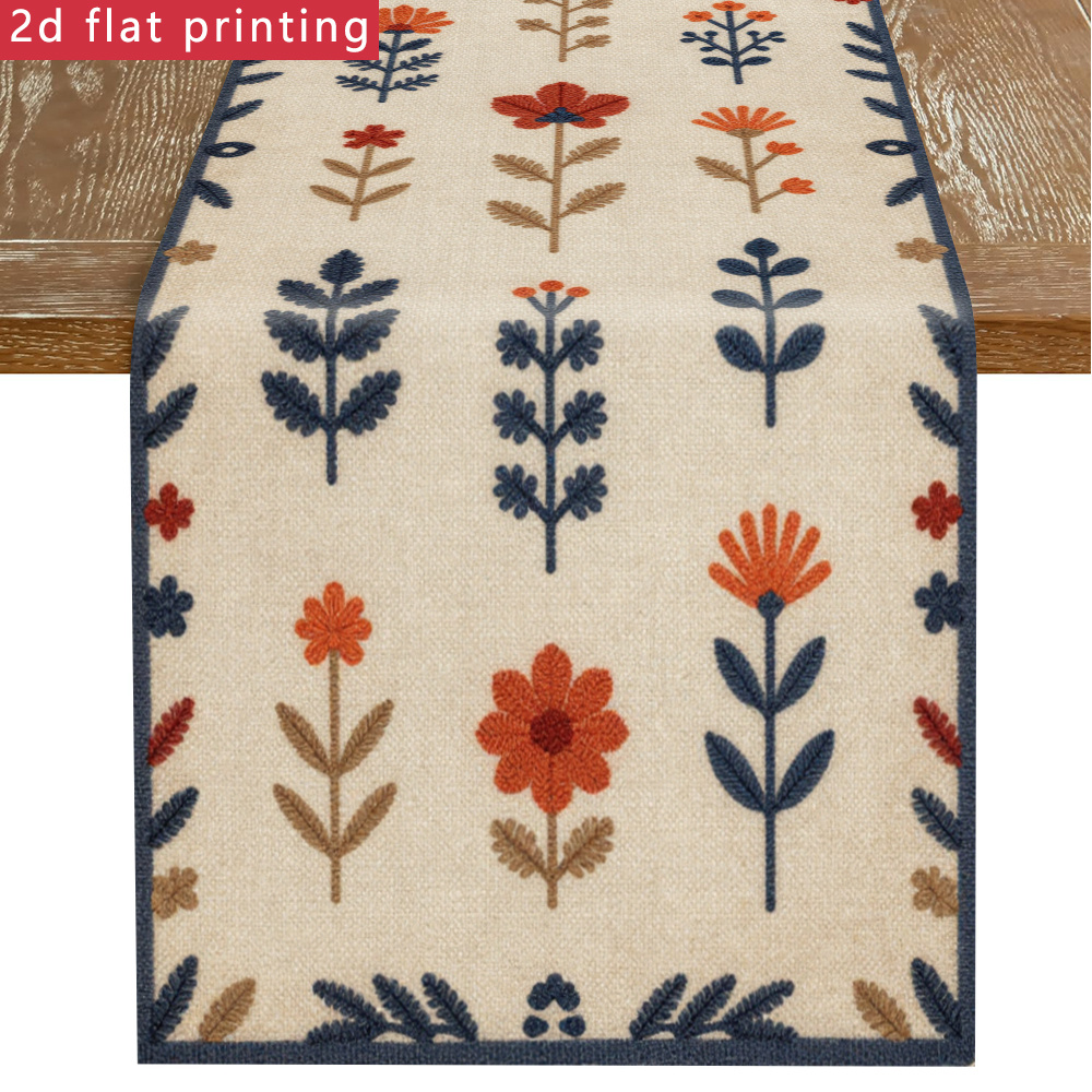 TEMU 1pc Nordic Folk Vintage Table Runner With Quilted Suitable For Coffee & Dining Tables, Red Blue Geometric Floral Leaf Pattern, Rectangular Decor