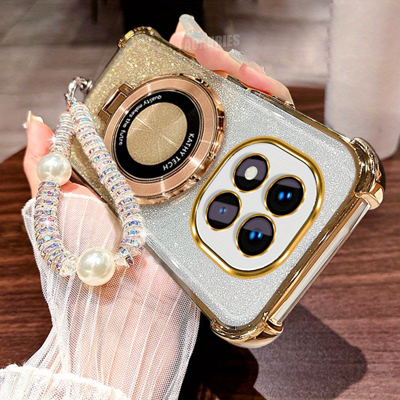 TEMU Phone Case - 1pc Of Glitter Lanyard   1pc Of Ring Holder   1pc Of Luxury Gradient Plating Phone Case For Xiaomi Redmi Note 14 Pro 5g Tpu