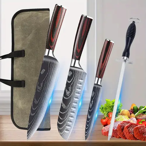5pcs professional kitchen chef knife set stainless steel chef knife portable oil waxed canvas waterproof oil proof travel knife roll bag professional carbon steel knife sharpener handmade forged boning knife sharp meat cutting knife