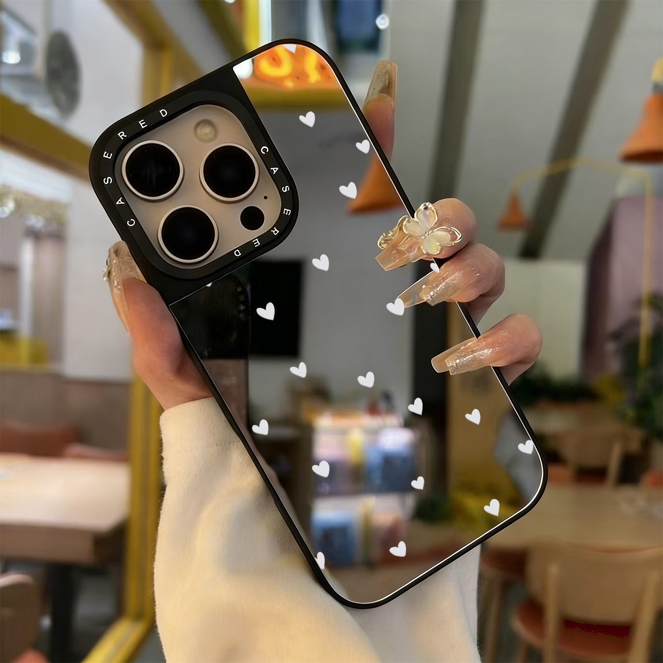 TEMU Phone Case: Mirror-finish Small Heart Print Phone Case, Creative Sweet With A Touch-up Mirror, Full-edge Drop-proof And Anti-fingerprint