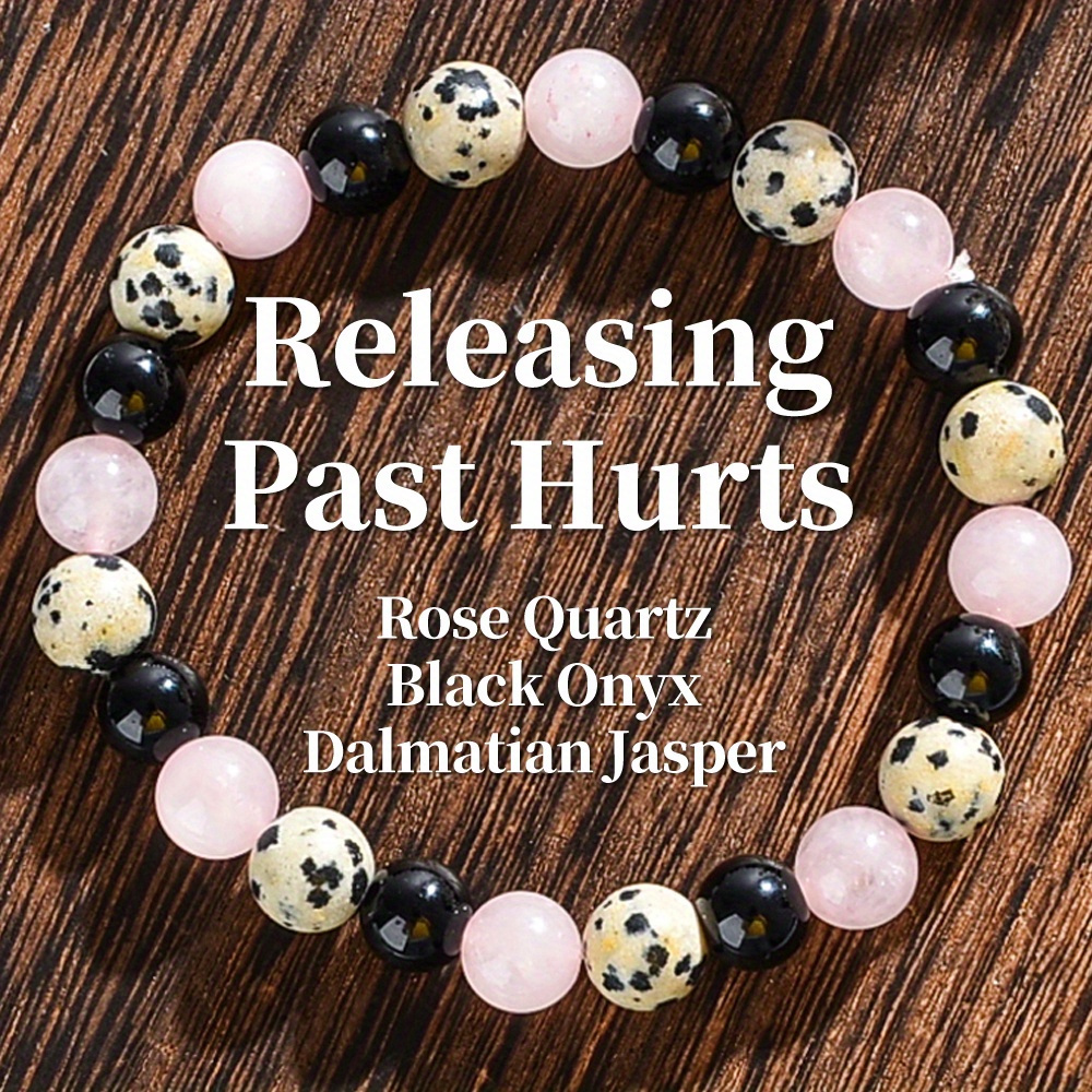 TEMU Handmade Natural Stone Stretch Bracelet | Unisex Design, Pink Beads With Black And White Patterns, Ideal For Daily Or Special Occasions,