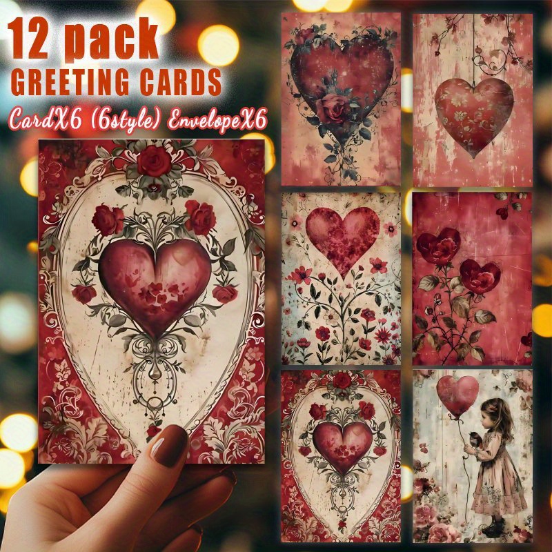 

12pcs Vintage Floral Heart Valentine's Day Greeting Cards With Envelopes - Romantic Designs For Wife, Husband, Girlfriend, Boyfriend