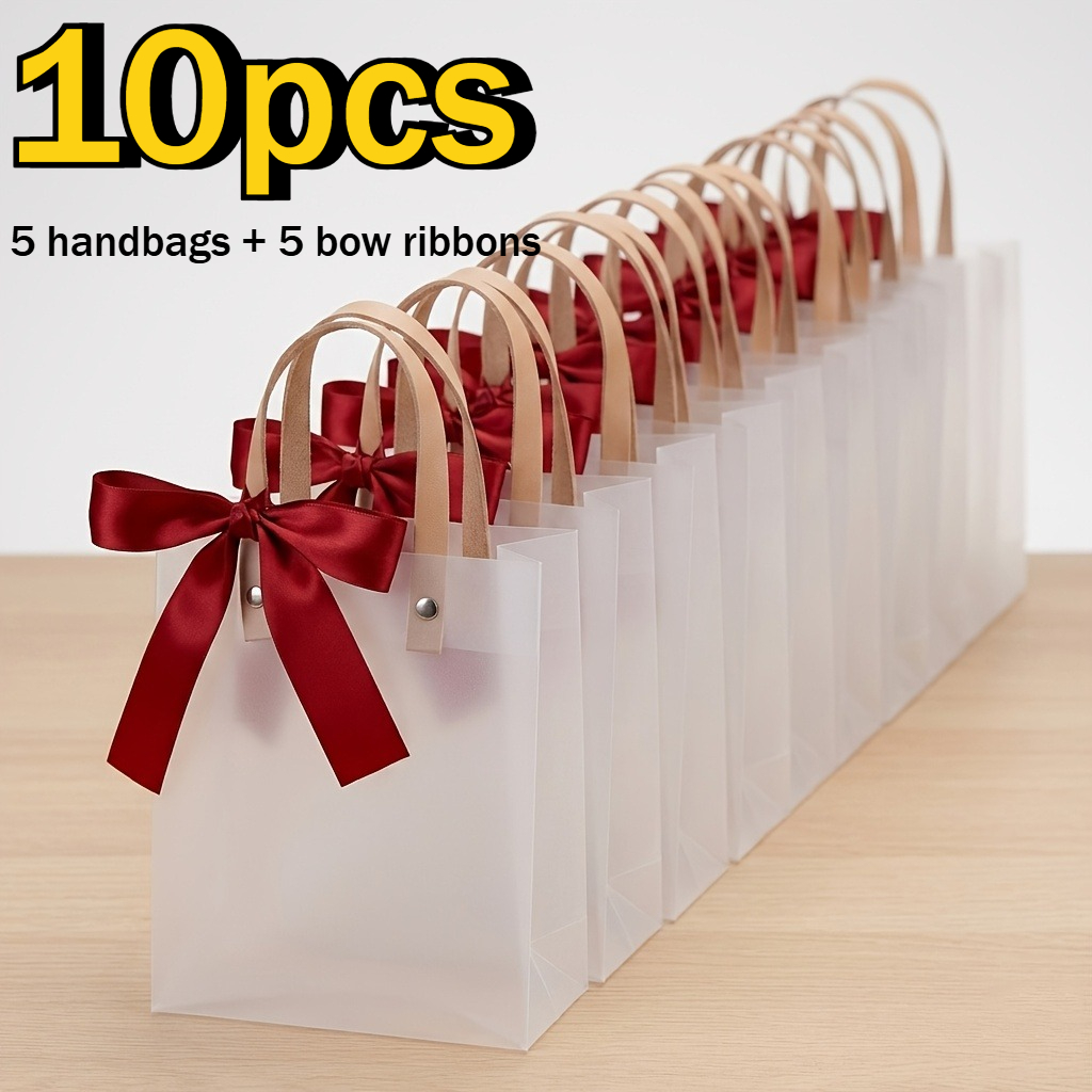 TEMU 10pcs Frosted Plastic Gift Bag Set, Reusable Tote Bags With Handles And Ribbon Bows, Suitable For Weddings, Baby Showers, Valentine's Day Candy