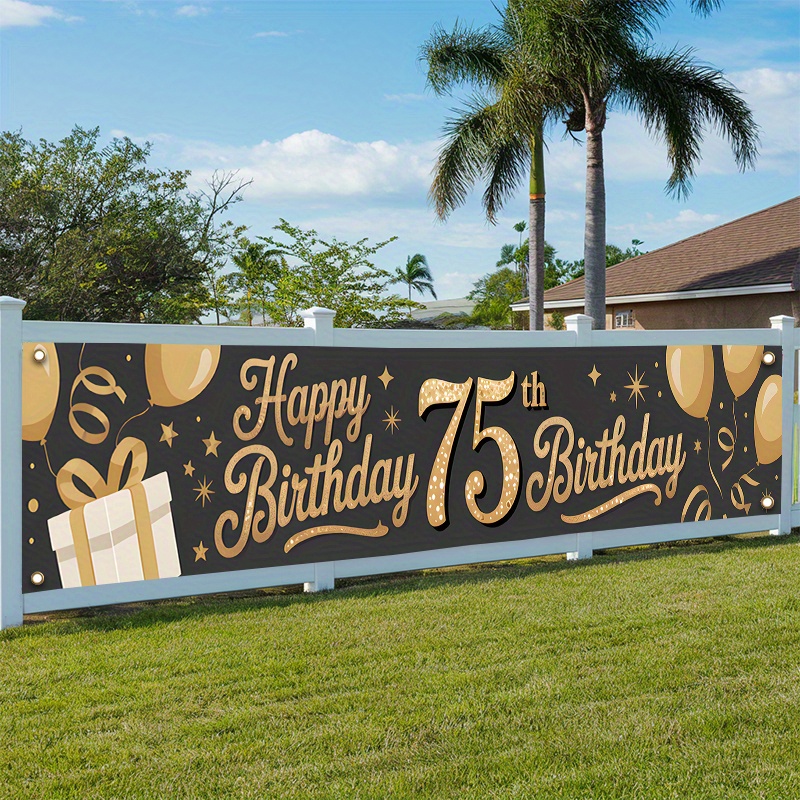 TEMU 2d Flat, 1pc Large 75th Birthday Banner With Elegant Golden & Black Balloons Suitable For 75 Year Decorations, Number 75 & Happy Birthday Text,
