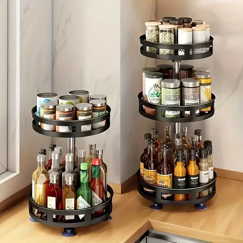 2 tier rotating kitchen storage rack multipurpose metal and plastic floor standing organizer for spices cosmetics kitchen pantry and bathroom metal pipes easy assembly utility racks Product details 1