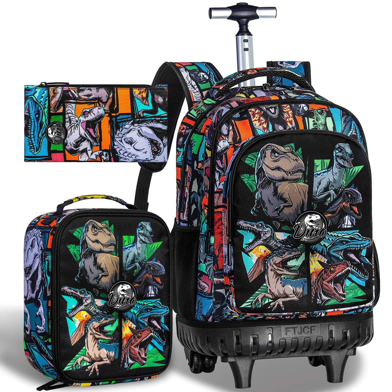 of 3 rolling backpacks for boys 21 inch dinosaur themed bags with wheels wheeled school bag for young boys traveling to elementary school
