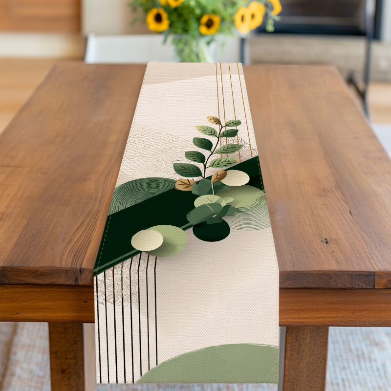 TEMU Tischläufer, Tischdecke, Geometrisches und Blättermuster-Design mit Linien, Grün - Beige Tönung, Für Frühling, Neujahr, Geburtstag, Hochzeit,