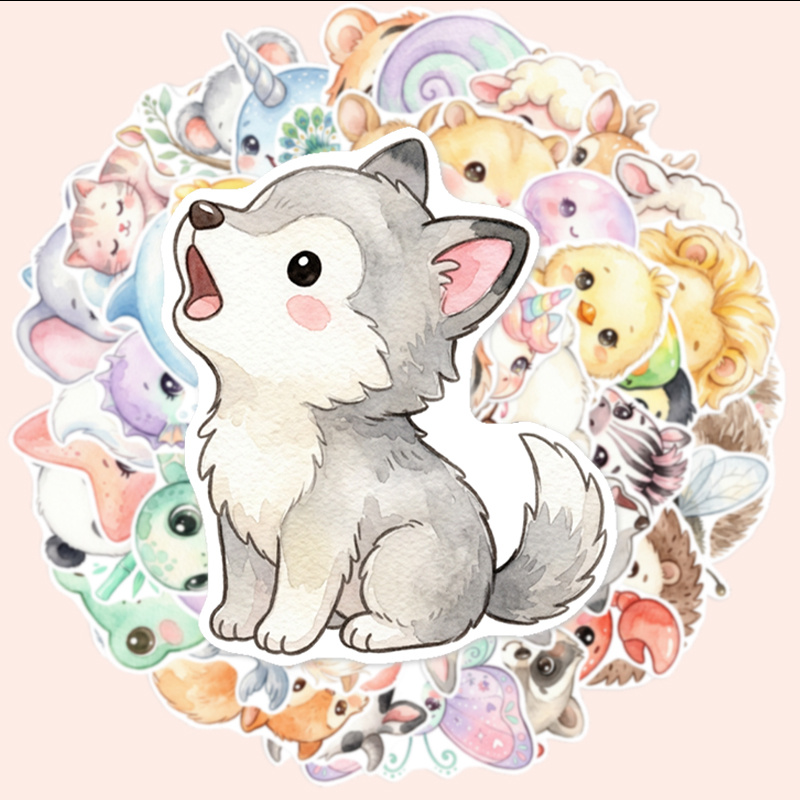 TEMU 50pcs Watercolor Cute Animal Stickers, 2d Flat Stickers, Suitable For Laptops, Guitars, Suitcases, Water Cups, Birthday Gifts, For Laptops