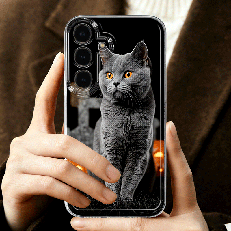 Husă Telefon - Husă Gri-Negru cu Pisicuță, Potrivită pentru Samsung Galaxy A05 A05S A06 A07 A12 A13 A14 A15 A16 5G A17 A21S A22 A23 A24 A25 A26 A32 A33 A34 A35 A36 A52 A53 A54 A55 A56 S21 Ultra S22 Plus S23+ S24 FE S25 Edge, Carcasă Telefon Mobil