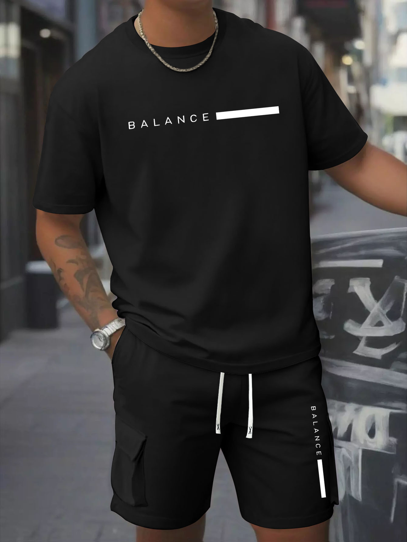 Printed Men's 2pcs Set: Round Neck Cotton Short Sleeve T-Shirt and Work Shorts, Suitable for Spring/Summer
