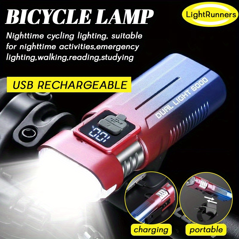 Super Bright Aluminum LED Bike light, Outdoor Cycling light, USB Fast charging, with Battery Level indicator and Emergency light, Easy to Install with Loop Rope closure, 4 Lighting modes, Suitable for Outdoor Riding, Hiking, Camping, Outdoor Lighting