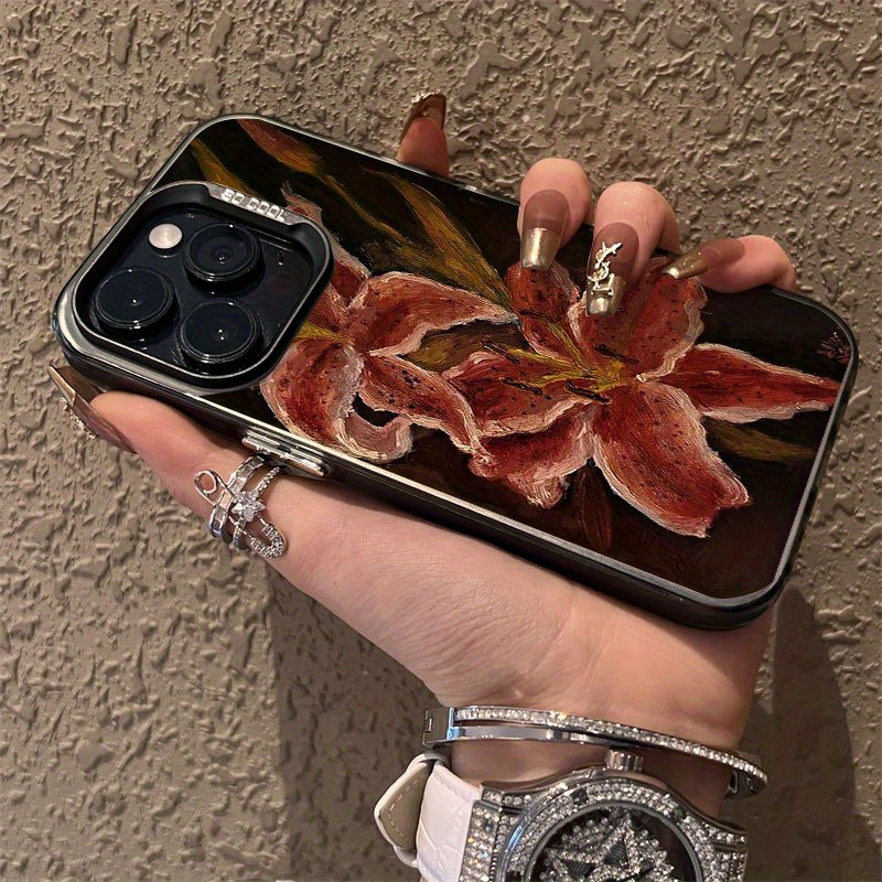 Oil Painting Lily Flower Vintage Pattern Suitable for TPU Case for iPhone 16 PRO MAX, iPhone 15/14 PLUS/13 Pro/12/X/XR/XS MAX Durable Anti-Drop Colorful Silvery Protective Cover with High Aesthetic Appeal