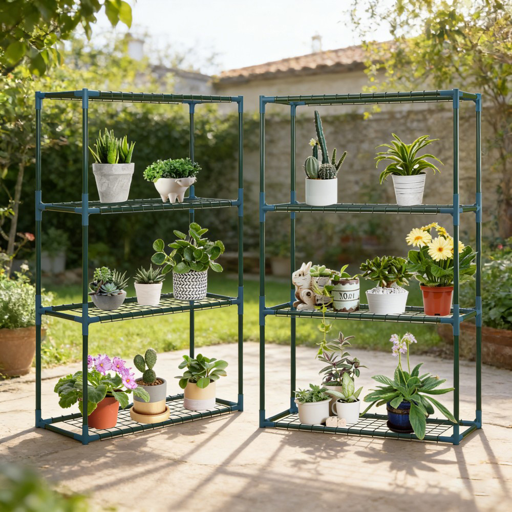 2-pack 4-tier Plant Shelves, Metal Flower Stand For Greenhouse & Balcony, Green, 70 X 27 X 110cm, Standing Shelf, Standing Shelf