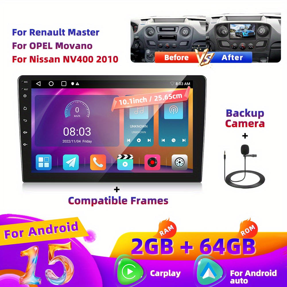 Image of Podofo [2+64] Car Stereo For Renault Master/ / 2010, 10.1 Inch 1280p Ips Touch Screen Radio Auto Car Radio Fm/ Rds/ 32eq Wireless Gps Wifi Swc+mic, Ahd Backup Cam