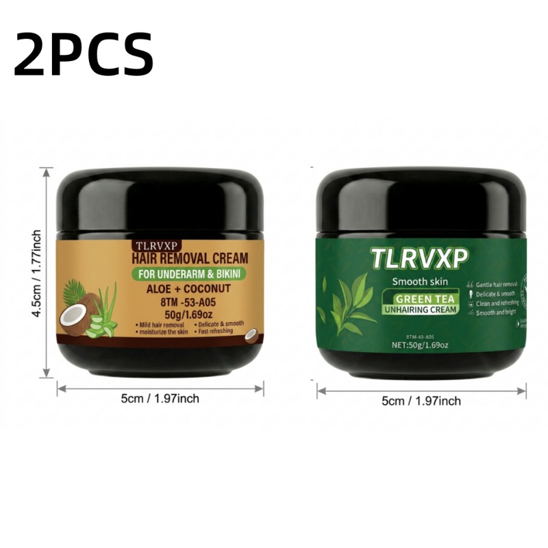 Image of Tlrvxp 2pcs Hair Remover Cream Set, Green Tea And Aloe Coconut, Gentle Fast Depilatory Cream For Women, Suitable For Underarm, Bikini Line, Leg And Arm, Leaves Skin Smooth
