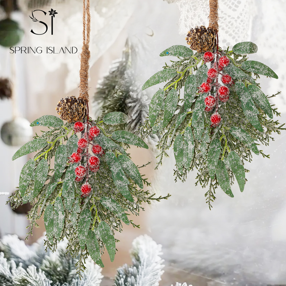 TEMU 2pcs Simulation Cedar Rabbit Ear Grass Pendant, Artificial Green Leaves Red Berries Simulation Plant Shape, Hemp Rope, Used As Christmas Tree