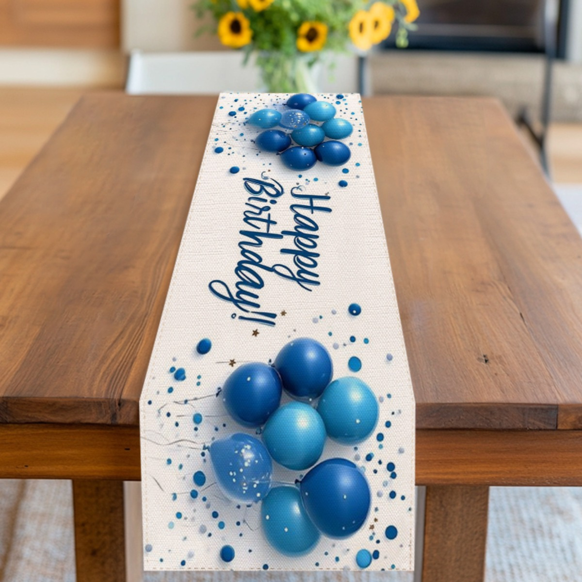 Image of 1pc Blue Birthday Party Table Runner - "happy Birthday" Design With Balloons & Confetti, Polyester Material, Ideal For Celebrations, Birthday Party Decor | Balloon Theme Decor | Durable Polyester