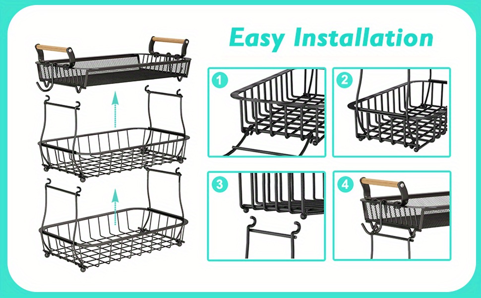 Panier à fruits métallique 3 étages Miyawell avec 2 porte-bananes - Organisateur de cuisine empilable et gain de place, grande capacité en maille aérée pour fruits, légumes et snacks, support de comptoir noir moderne, panier à fruits pour plan de travail, design industriel élégant, poignées en bois, étagères à paniers