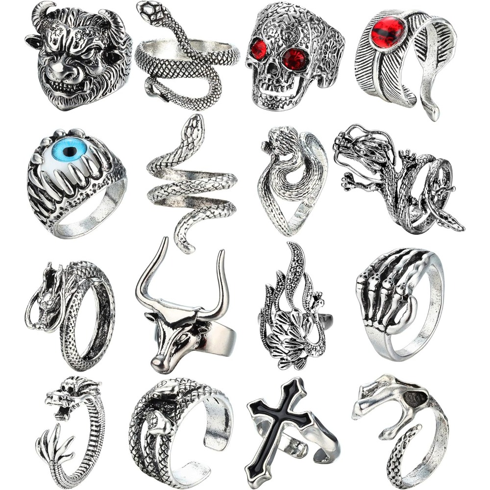 Image of 16pcs Vintage Punk Adjustable Open Rings With Gothic Animal Designs For And Punk Jewelry Collection, For Teenager