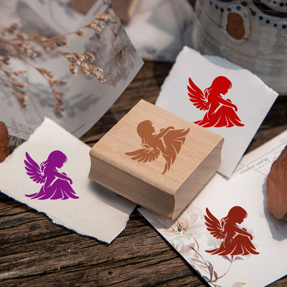 Delicate Melancholy Angel Square Wooden Rubber Stamp