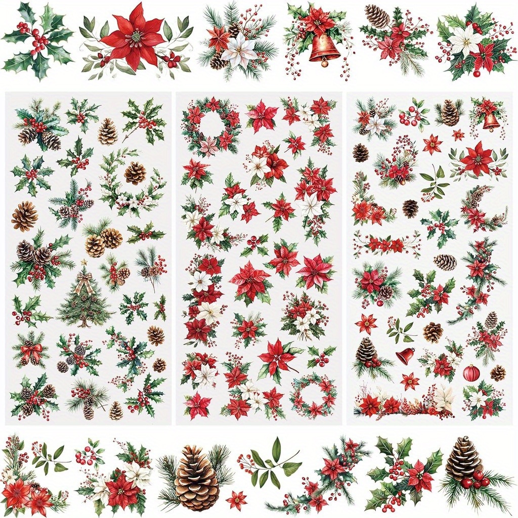 Image of 3pcs Rub On Transfers, Christmas Flowers And Plants Sticker Christmas Pattern Furniture Window Decals For Crafts, 15 * 30cm