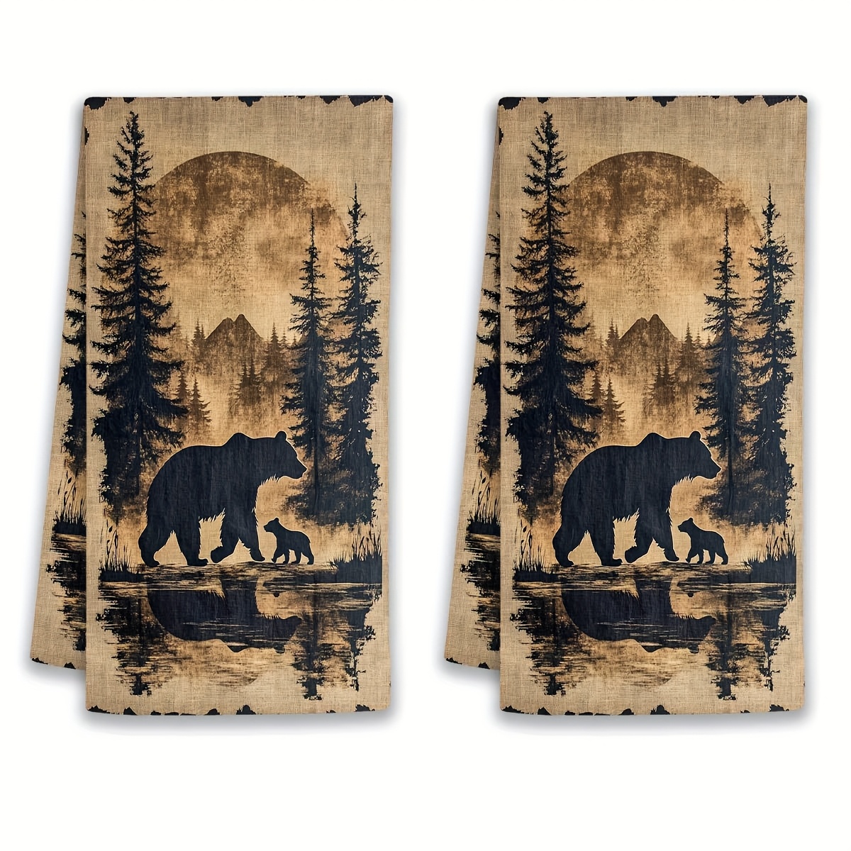 TEMU 2pcs Dish Towels | Country Bear And Forest Moon Design | , 16 X 24 Inches | Ideal For Kitchen Decor | Vintage Wilderness Scene With And Trees |