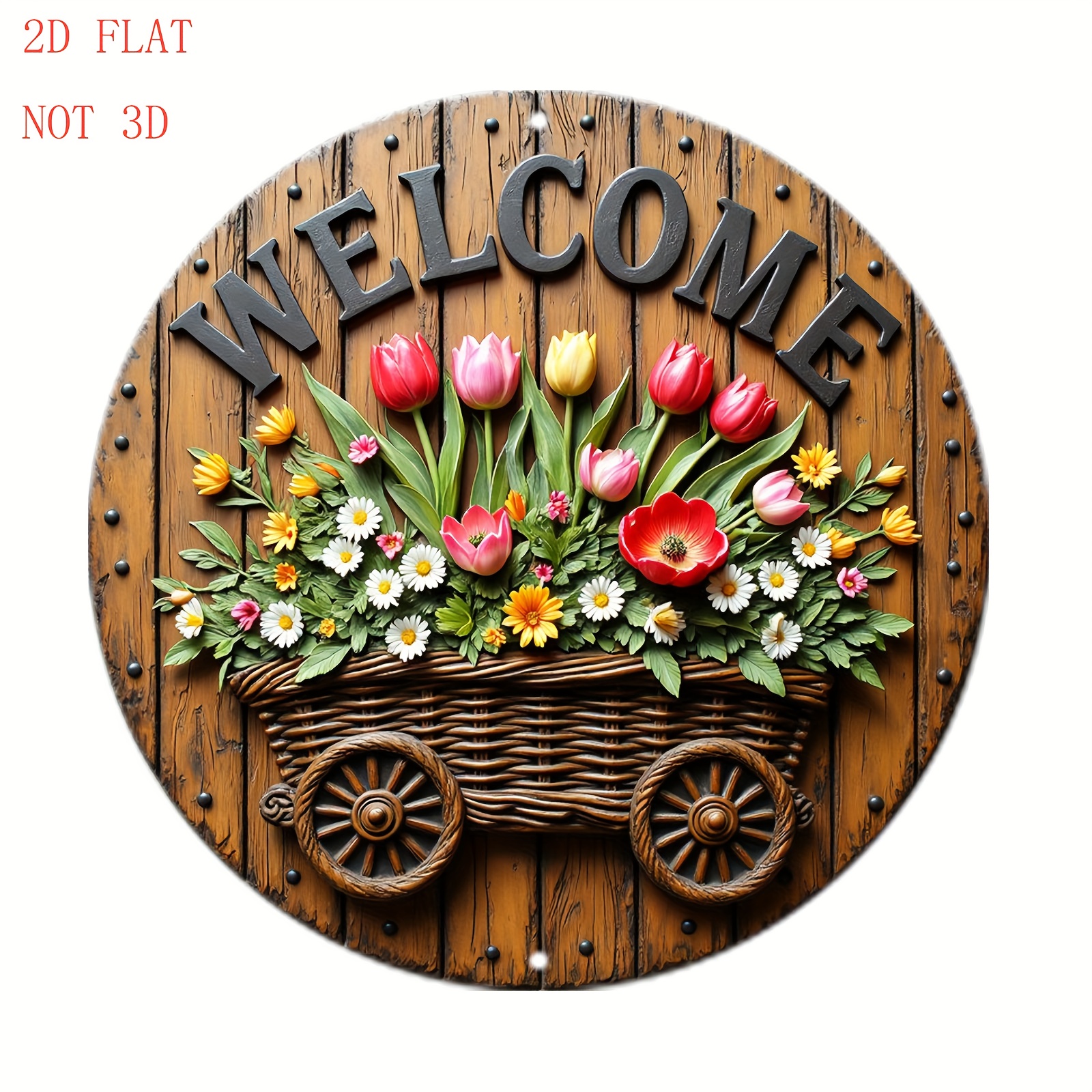 TEMU 2d Flat, [2d Design] Round Welcome Sign, Featuring A Flower Basket And Rustic . Holiday Gifts, Decor, And Suitable For Front Doors, Gardens,