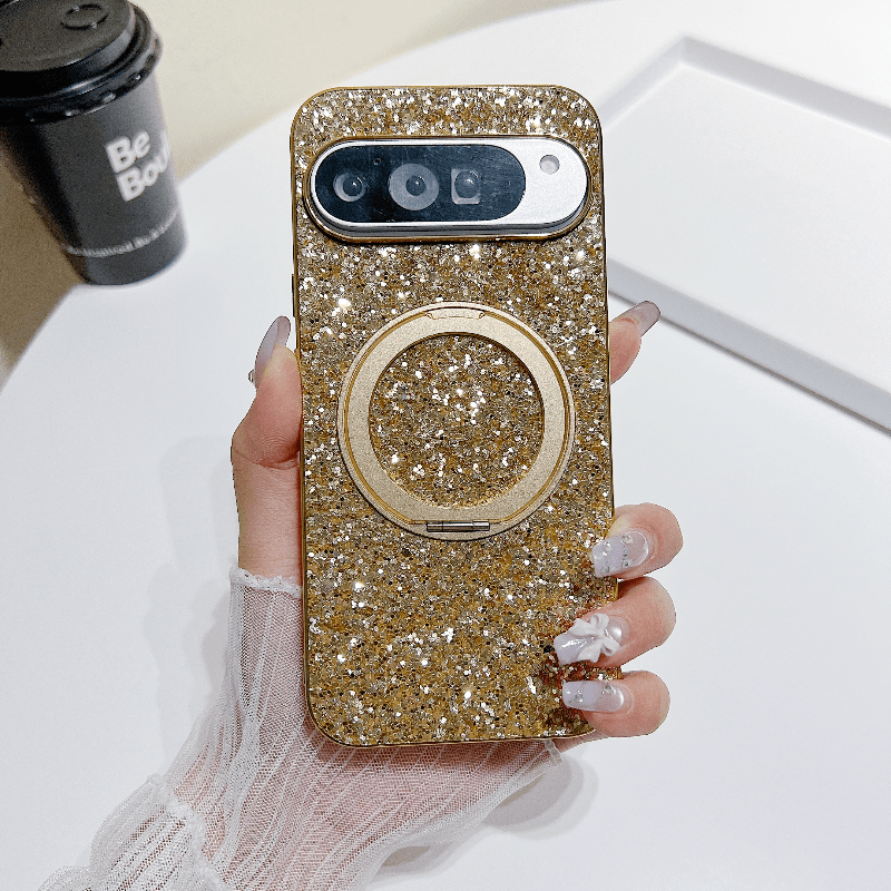 TEMU Phone Case: New High-end Glitter Sequin High-quality Electroplated Metal Magnetic 360Â° Rotating Bracket Large Aperture -proof Phone Case,