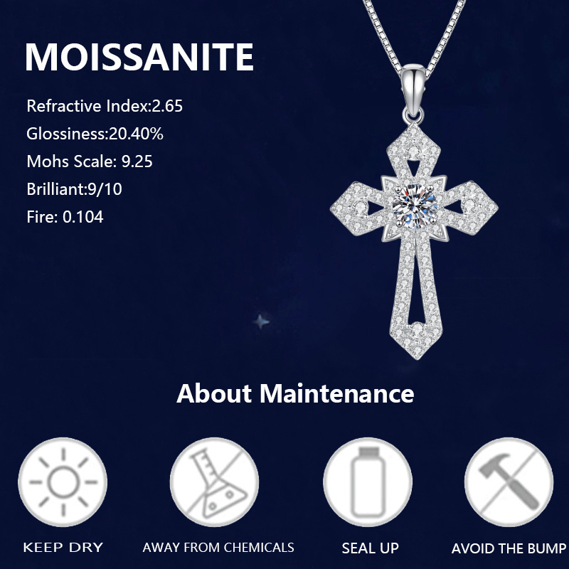 925 Silver Moissanite Cross Pendant Necklace, Meaningful Gift